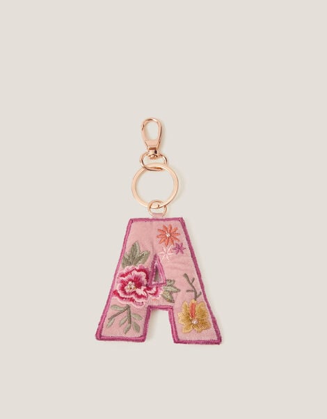 Floral Embroidered Initial Keyring, Pink (PINK), large