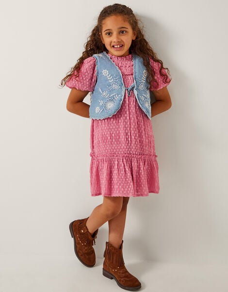 Embroidered Chambray Waistcoat, Blue (BLUE), large