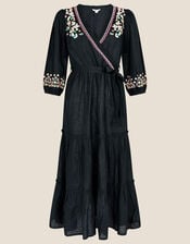 Embroidered Tiered Wrap Dress in Linen Blend, Black (BLACK), large