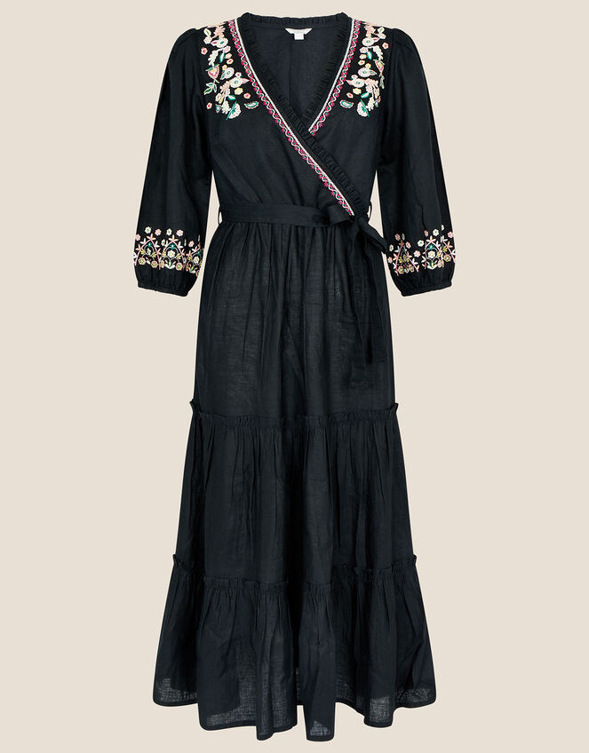 Embroidered Tiered Wrap Dress in Linen Blend, Black (BLACK), large