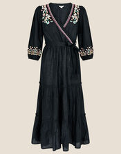 Embroidered Tiered Wrap Dress in Linen Blend, Black (BLACK), large