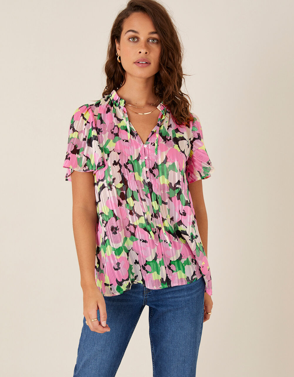 Floral and Metallic Pleated Blouse Pink | Tops & T-shirts | Monsoon Global.
