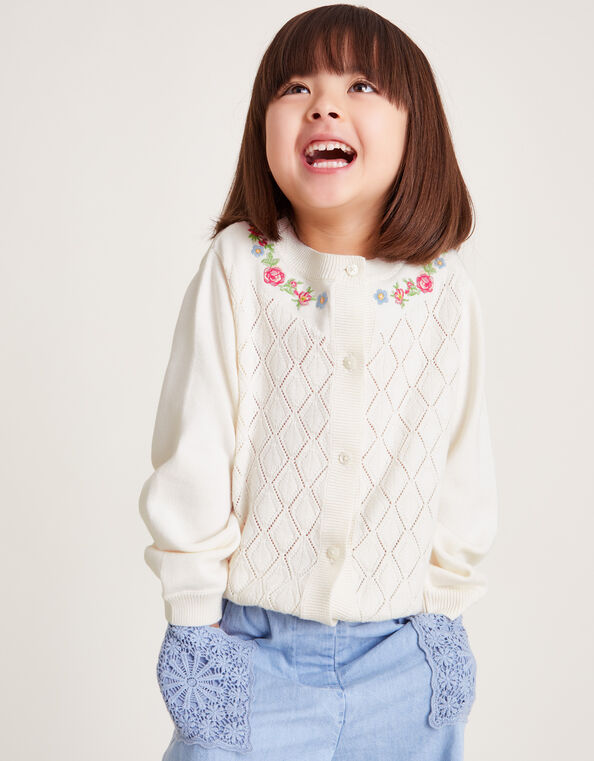 Floral Embroidered Pointelle Cardigan, Ivory (IVORY), large