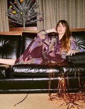 One Hundred Stars Crane Print Midi Skirt, Purple (PLUM), large