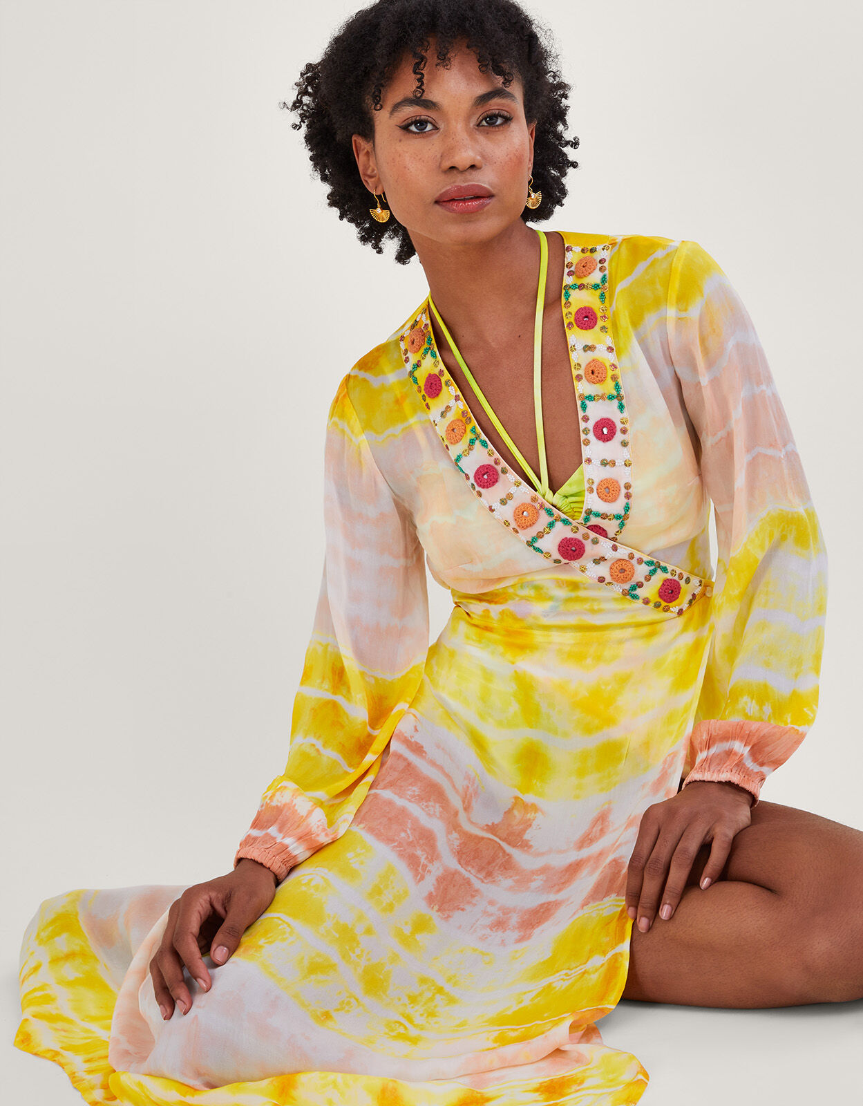 Premium Tie Dye Maxi Kaftan Dress Yellow Kaftans Kimonos Monsoon Global