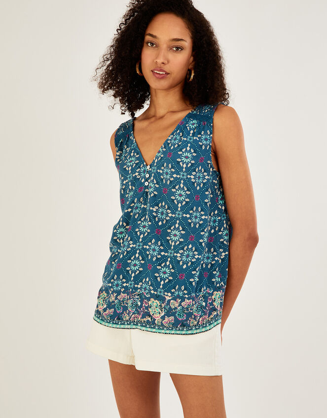 Geometric Tile Print V-Neck Cami Top, Teal (TEAL), large
