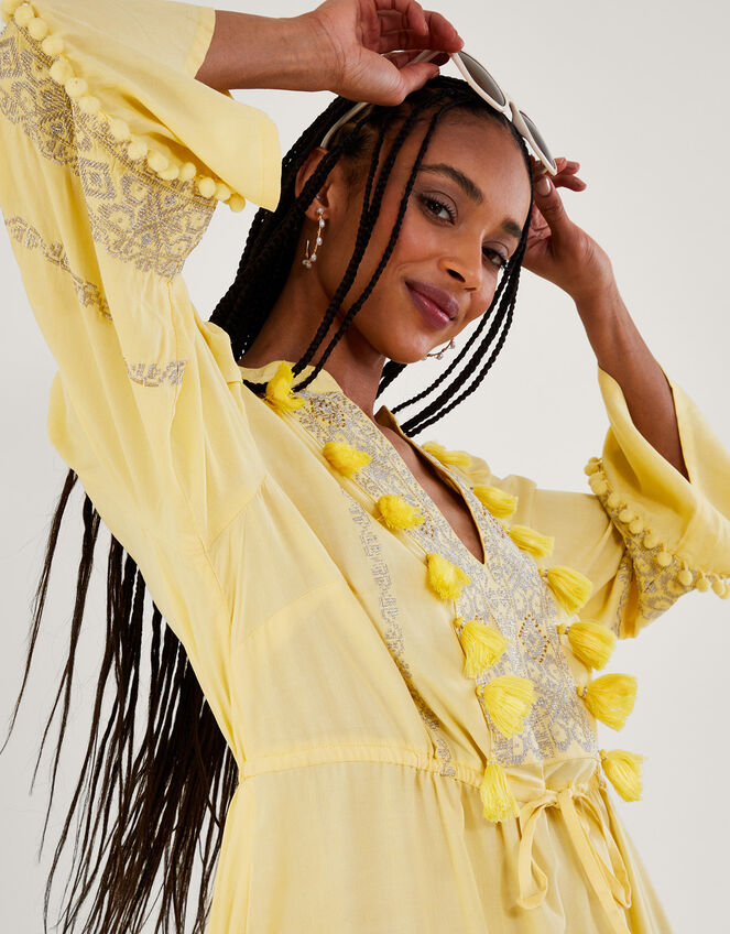 Politisk Messing kontrol Embroidered Pom-Pom Kaftan Dress in LENZING™ ECOVERO™ Yellow