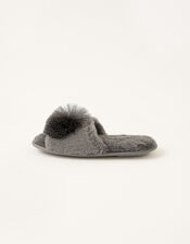Faux Fur Pom-Pom Slippers, Grey (CHARCOAL), large