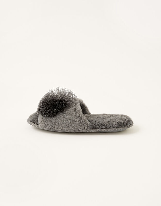 Faux Fur Pom-Pom Slippers, Grey (CHARCOAL), large