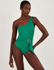 One-Shoulder Buckle Detail Textured Swimsuit, Green (GREEN), large