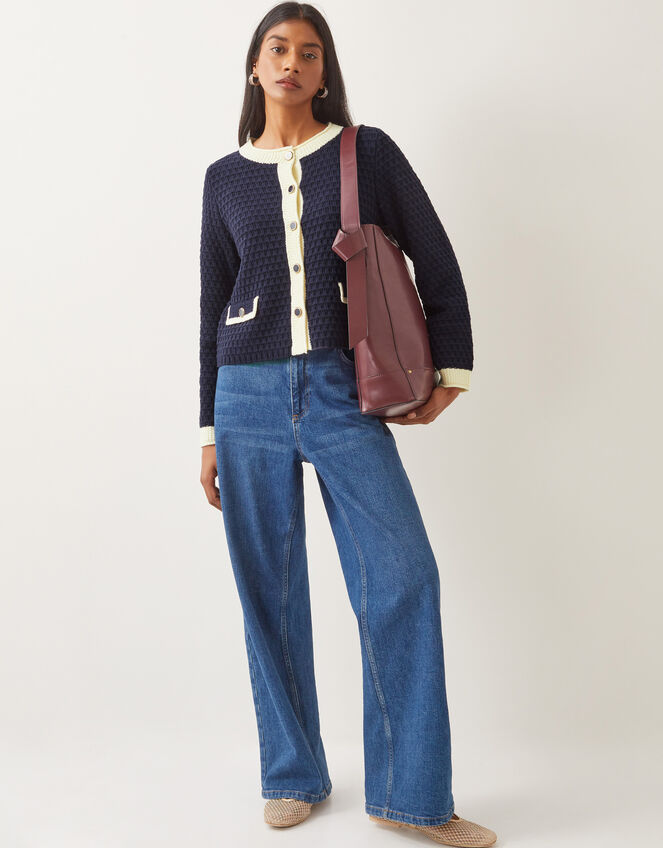 Nancy Smart Waffle Knit Cardigan, Blue (NAVY), large