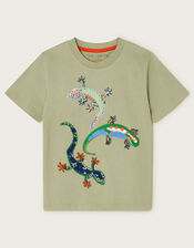 Lizard Embroidered Cotton T-Shirt, Green (KHAKI), large