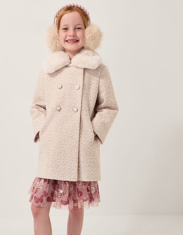 Detachable Collar Tweed Coat, Cream (CREAM), large