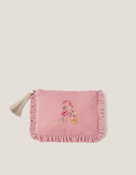 Flower Initial Velvet Pouch, Pink (PINK), large