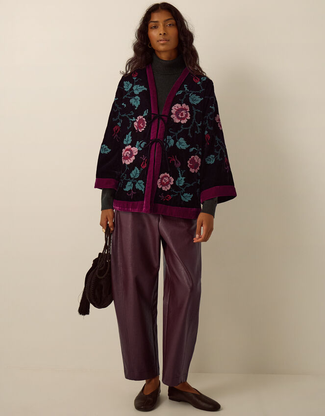 Agnes Floral Cross Stitch Embroidered Velvet Kimono Jacket, Black (BLACK), large