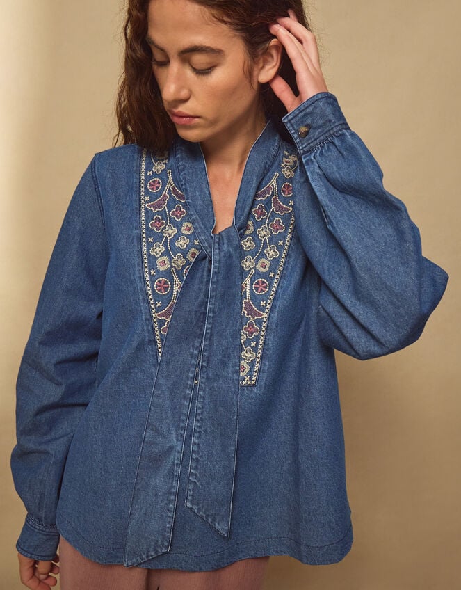 East Dolie Embroidered Denim Blouse, Blue (DENIM), large