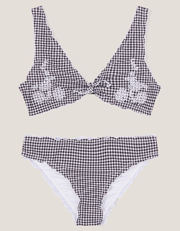 Gingham Embroidered Frill Bikini Set, Black (BLACK), large