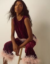 Emma Sleeveless Feather Crushed Velvet Top, Red (BURGUNDY), large