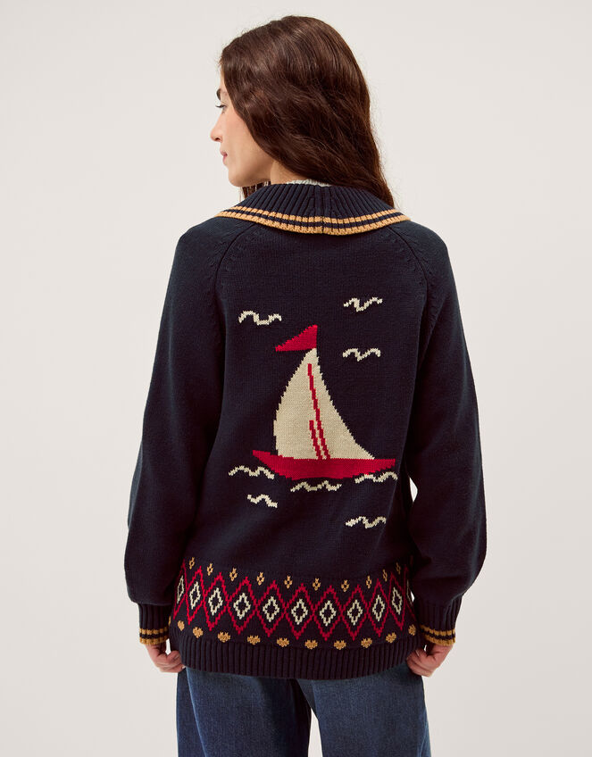 Sapna Intarsia Sailor Cardigan, Blue (NAVY), large
