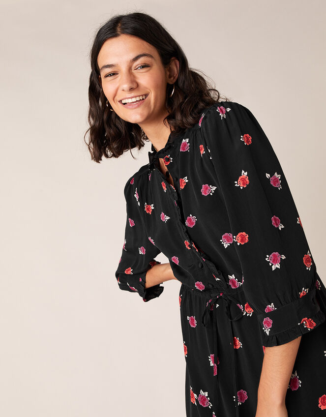 Rose Print Midi Dress in Sustainable Viscose, Black (BLACK), large