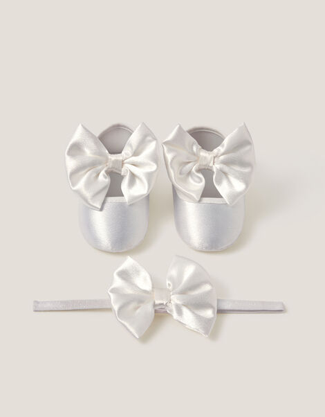 Baby Satin Bow Headband & Booties Set, Ivory (IVORY), large