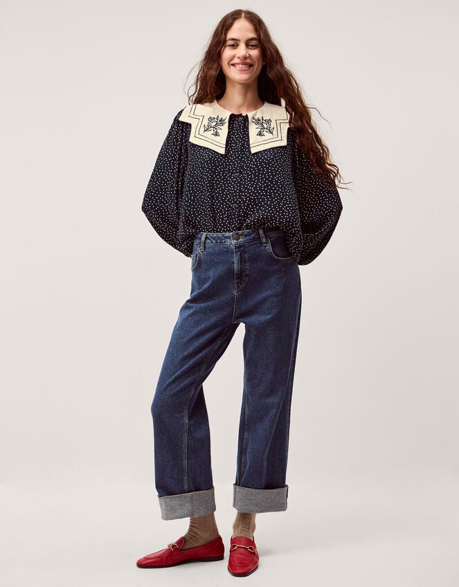 Ivy Embroidered Collar Polka Dot Blouse, Blue (NAVY), large