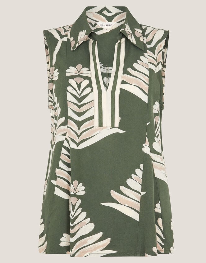 Pamela Linen Blend Sleeveless Leaf Print Top, Green (GREEN), large