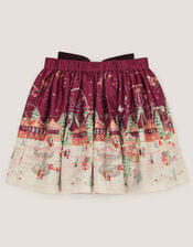 Christmas Scene Satin Skirt, Red (BURGUNDY), large