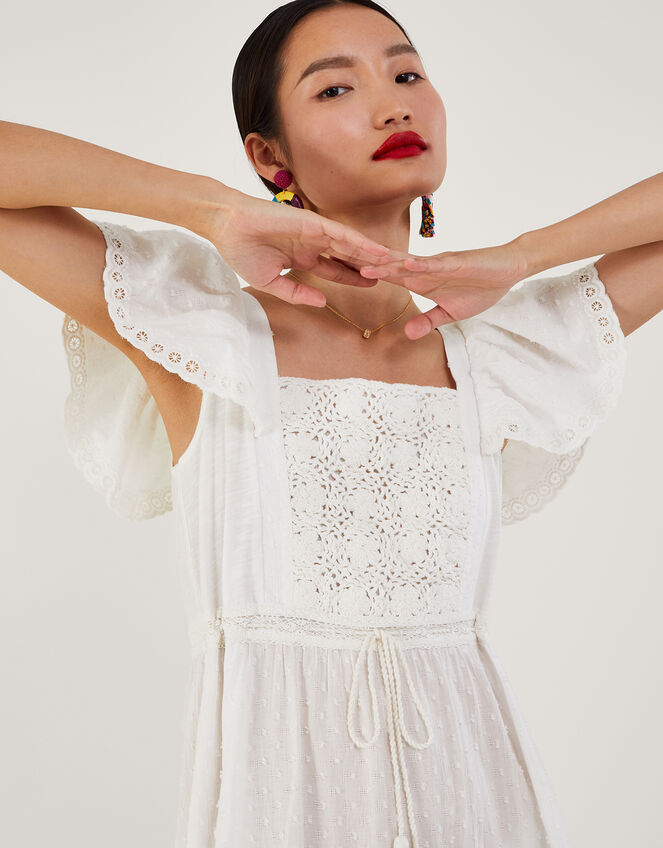 Square Neck Tiered Midi Dress, White (WHITE), large