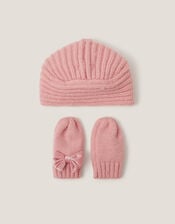 Baby Bow Knitted Hat & Mittens Set, Pink (PINK), large