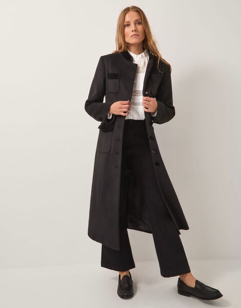 Viv Velvet Trim Military Coat, Black (BLACK), large