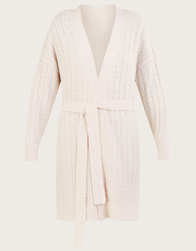 Belted Longline Cable Knit Cardigan, Ivory (IVORY), large