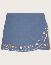 Floral Embroidered Chambray Skort, Blue (BLUE), large