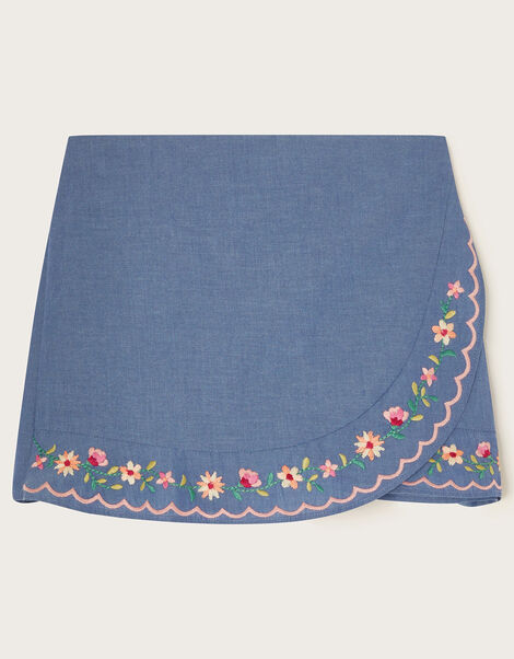 Floral Embroidered Chambray Skort, Blue (BLUE), large