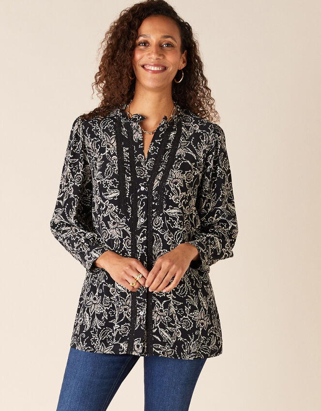 Lace Trim Floral Blouse in Sustainable Viscose, Black (BLACK), large