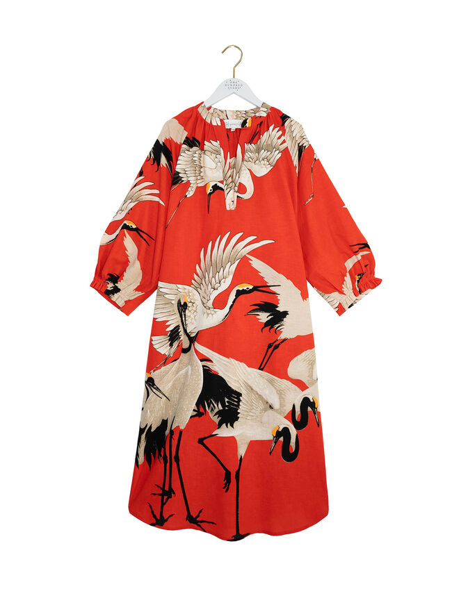 One Hundred Stars Stork Print Midi Dress, Red (RED), large