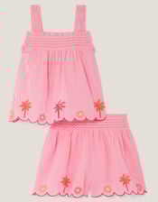 Palm Embroidered Top & Shorts Set, Pink (PINK), large