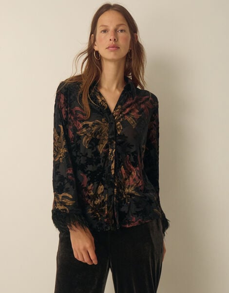 Dora Faux Feather Floral Devor&eacute; Shirt, Black (BLACK), large