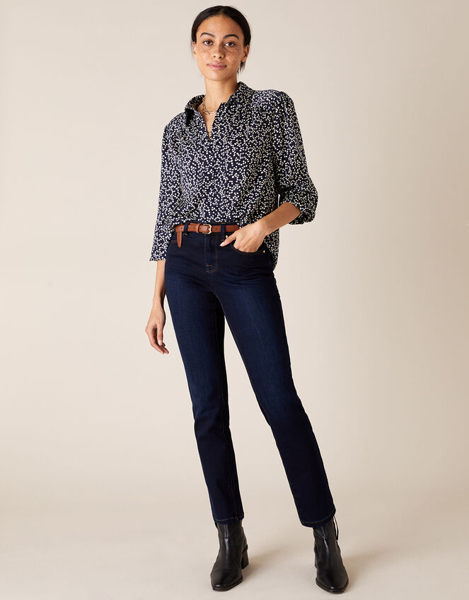 Square Spot Satin Blouse, Blue (NAVY), large