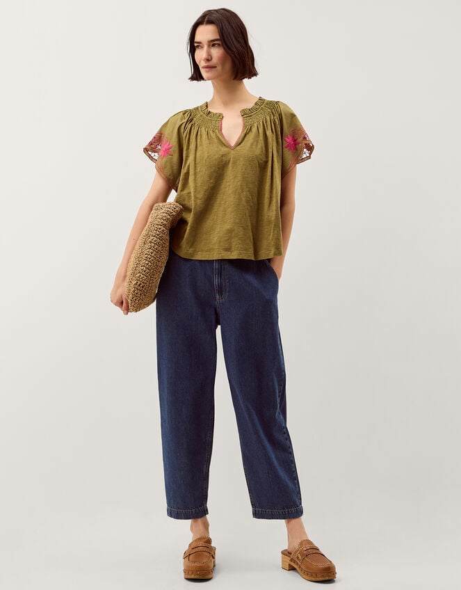 Fiona Embroidered Cotton Top, Green (KHAKI), large
