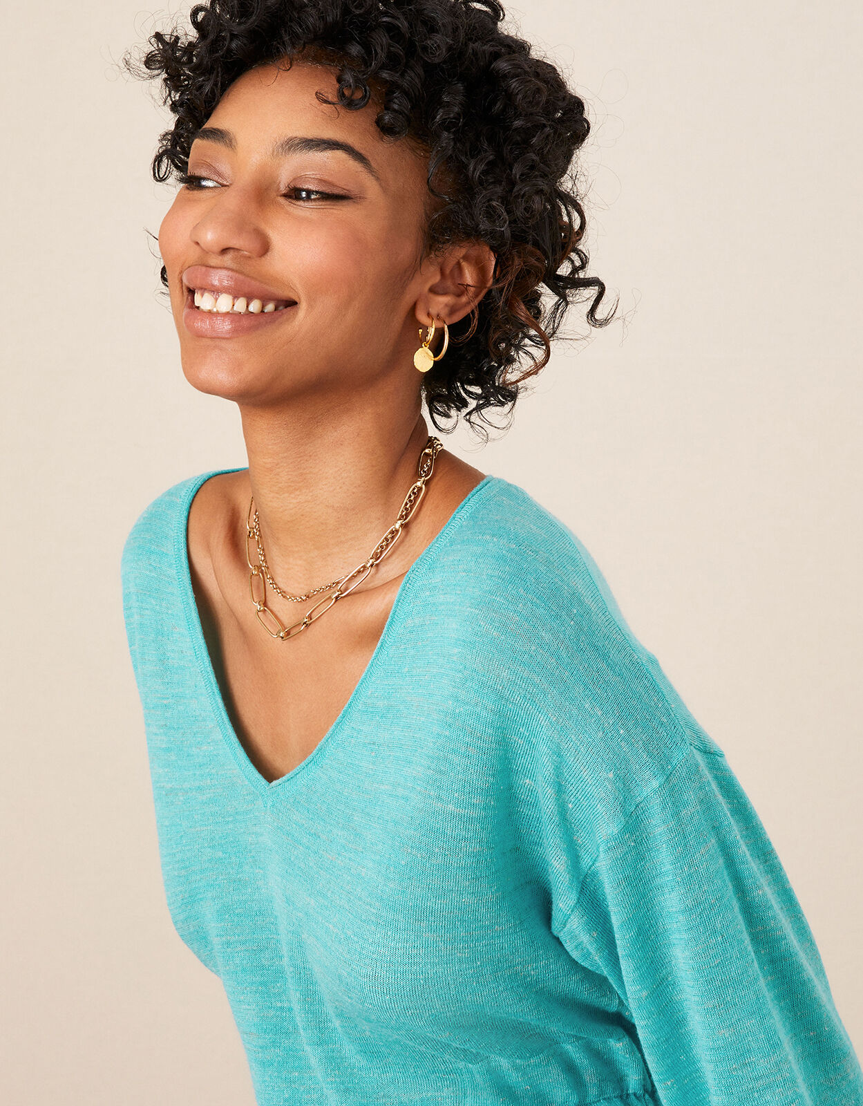 V Neck Longline Belted Jumper in Linen Blend Blue Jumpers