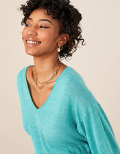 V Neck Longline Belted Sweater in Linen Blend, Blue (TURQUOISE), large
