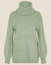 Cowl Neck Stitch Detail Longline Jumper, Green (GREEN), large