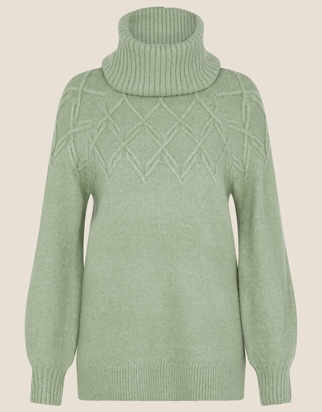 Cowl Neck Stitch Detail Longline Jumper, Green (GREEN), large