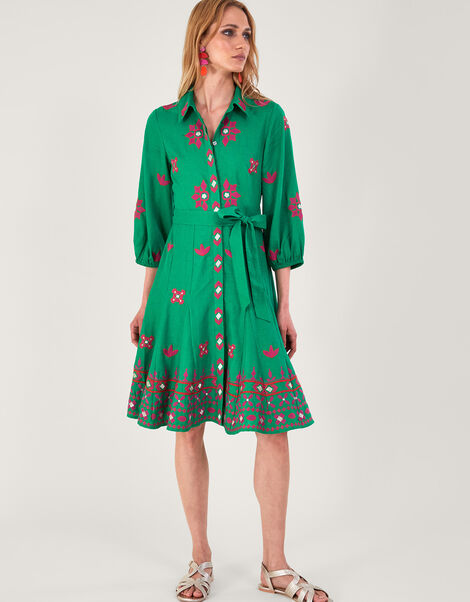 Embroidered Shirt Dress in Linen Blend, Green (GREEN), large
