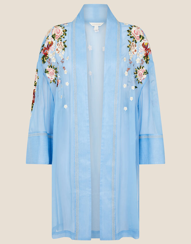 Sheer Embroidered Longline Kimono , Blue (BLUE), large