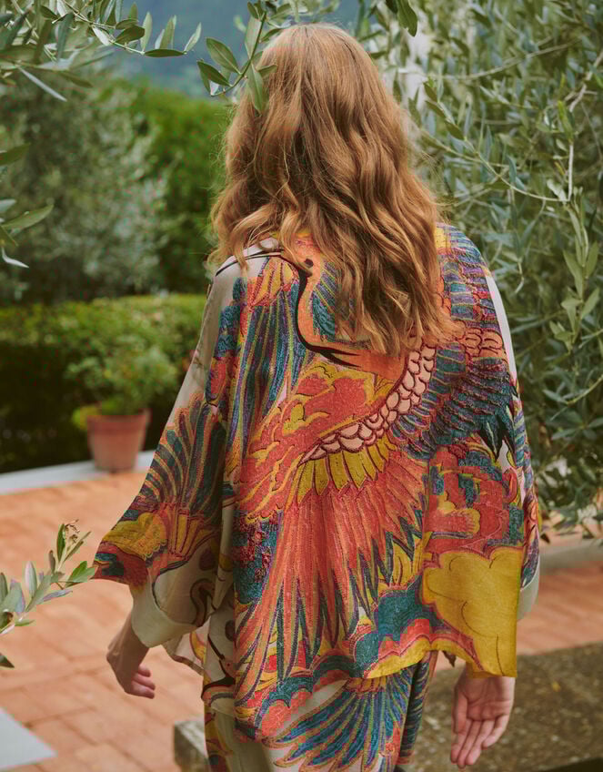 One Hundred Stars Crane Print Kimono Jacket, Natural (STONE), large