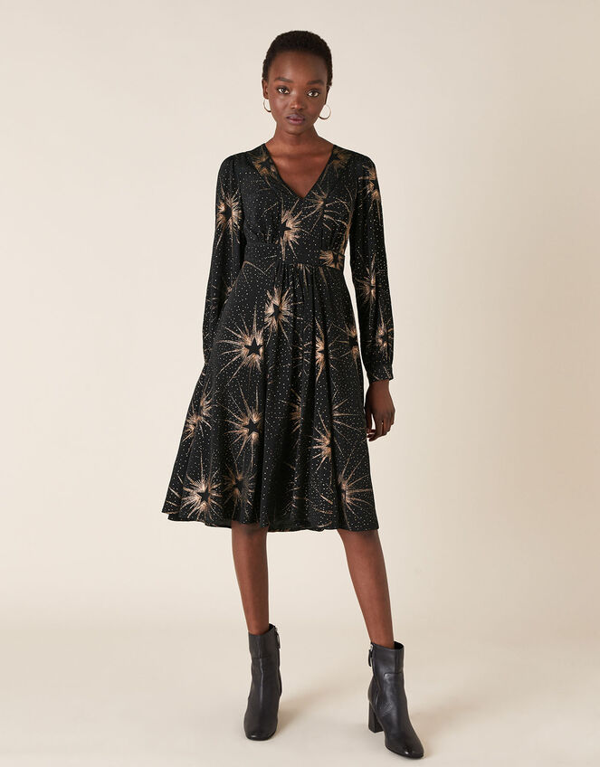 Star Foil Print Midi Dress, Black (BLACK), large