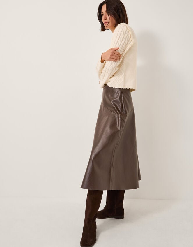 Marnie Faux Leather Midi Skirt, Brown (CHOCOLATE), large