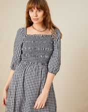 Smocked Check Dress, Black (BLACK), large